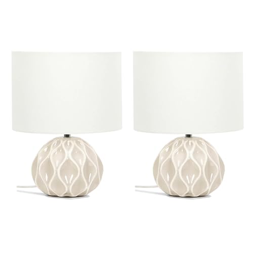 ValueLights | Pair of - Natural Textured Ceramic Base Table Lamps with a Cream Fabric Lampshade Living Room Bedroom Bedside Light + LED Bulbs | Table Lamps & Home Improvements Essential