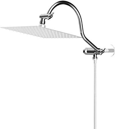 Hibbent All Metal 12 Inch Brass Adjustable Curved Shower Head Extension Arm with Shower Arm Diverter Valve, G 1/2 3-Way Bathroom Universal Shower System Replacement Part, Shower Arm Extender, Chrome