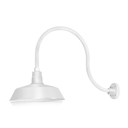 Image of 14in. White Outdoor Gooseneck Barn Light Fixture With 24in. Long Extension Arm - Wall Sconce Farmhouse, Vintage, Antique Style - UL Listed - 9W 900lm A19 LED Bulb (5000K Cool White)
