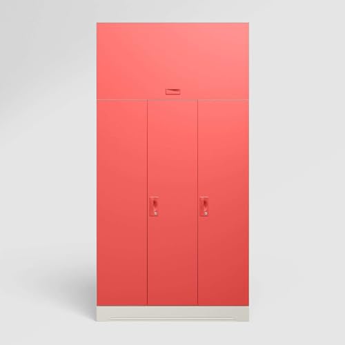 Image of Interio by Godrej Almirah Slimline 3-Door Steel Almirah, Cupboard for Clothes (Alpine White and Hot Coral Matte), 1-Year Warranty, 7 Shelves, 1 Locker, with Overhead Unit