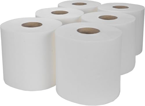 EVINOS White 6 X Paper Rolls - 2 Ply Embossed Centre Feed - Hand Kitchen Towel Tissue Rolls Heavy Duty White Tissue for Everyday Use UK Seller