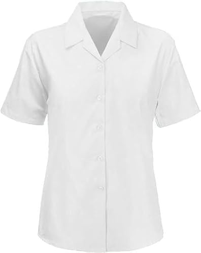 L S U Ladies Short Sleeve Blouse Work wear Office Casual Shirt Cotton Blouse Open Neck Reverse Collar (UK, Numeric, 36, Regular, Regular, White)