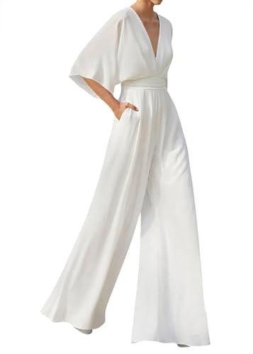 shownicer Damen Kurzarm V-Ausschnitt Elegant Lang Jumpsuit Overall Hosenanzug Playsuit Romper Hose mit Weitem Bein A Weiß L shownicer Damen Kurzarm V-Ausschnitt Elegant Lang Jumpsuit Overall Hosenanzug Playsuit Romper Hose mit Weitem Bein A Weiß L