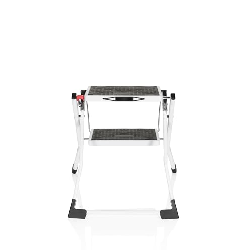 hjh OFFICE 801200 Klapptritt 2 Stufen SOLID W1 Stahl Tritt klappbar bis 150kg belastbar, Klappsicherung, Tragegriff, Trittstufe, Weiß