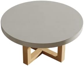 BULUXE 31" Round Industrial Coffee Table for Living Room, Concrete Gray Center Tea Table with Cross Legs Pine Wood Base
