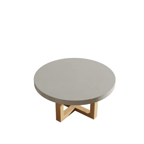 Buluxe 31" Round Industrial Coffee Table For Living Room, Concrete Gray Center Tea Table With Cross Legs Pine Wood Base #TOP2