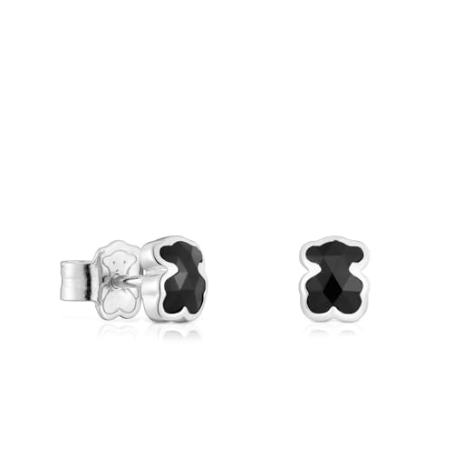 TOUS Pendientes de Plata de Primera Ley para Mujer con Oso en Ónix de 6mm, Icon Color