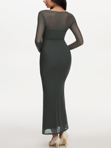 REORIA Long Sleeve Wedding Guest Maxi Dresses for Women Sheer Mesh Square Neck Ruched Bodycon Long Dress 2026 Spring Outfits - Image 4