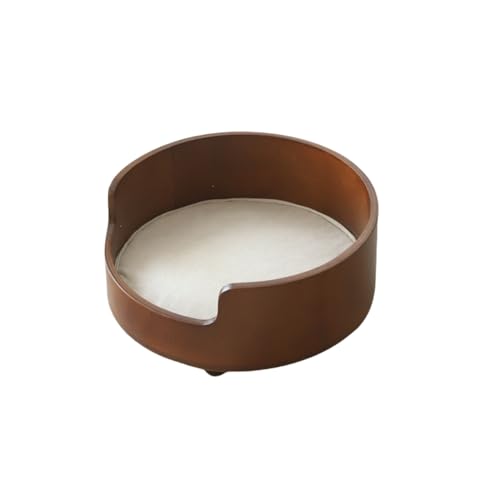 【四季通用】ペットベッド 犬 猫 木製フレーム クッション取り外し可 丸型デザイン おしゃれ 室内用 洗える ふわふわ厚手 安全設計 (黒ウォールナット木目 横目,40*40*19cm)