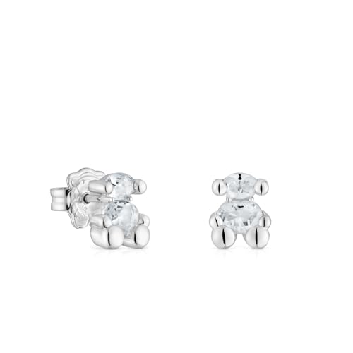 TOUS Pendientes para Mujer con Motivo Oso de Plata de Primera Ley y Cuarzo Cristal de Roca, 8 mm, Colección Tous Color Bear