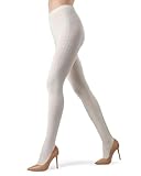 MeMoi Portland Side Cable Knit Cotton Tights for Women, Cozy and Warm Sweater Tights - Sizes Small to X-Large, Winter White, S-M
