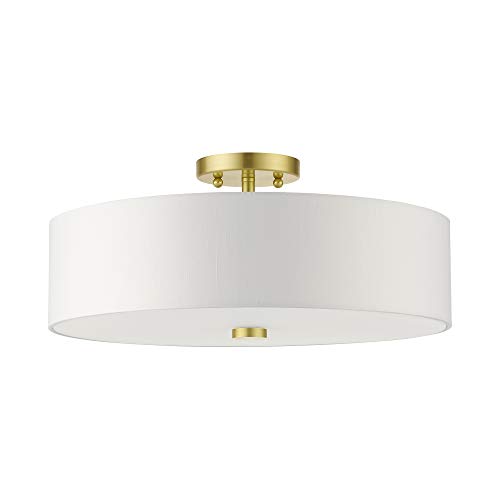 Image of Livex Lighting 51055-12 4-Light Semi Flush Ceiling Light, Satin Brass | Off-White Hardback Fabric Shade