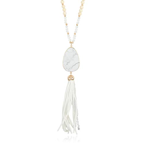 RIAH FASHION Bohemian Pendant Beaded Long Statement Necklace - Sparkly Crystal Bead Boho Teardrop, Natural Stone, Tassel Charm Wrap Lariat (Teardrop Stone & Tassel - White)
