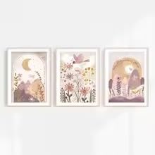 Toile imprimée bohème fleurs papillon déco murale triptyque nature