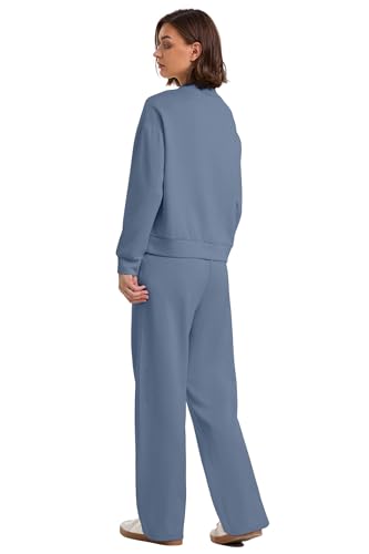 Image of WIHOLL Two Piece Sets for Women Fall Outfits Lounge Sets Mock Neck Tops Wide Leg Pants Vacation Travel Airport Outfits