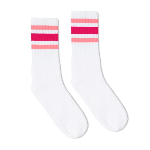 Made in USA | White Crew Socks | Pink and Fuchsia Striped Socks
