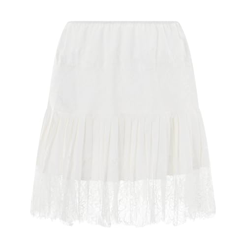 Image of Women Y2k Lace Mini Skirt Ruffle Layered Flowy Half Slip Skirts Underskirt | Y2K Low Rise Floral Lace Trim Slip Skirt Dress Extender Frilly Pleated Tiered Satin Short Skirt Sheer Underneath Under Dress