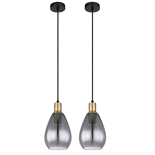 GLOBO Pendelleuchte Hängelampe rauchglas Wohnzimmer 1 Flammig schwarz Deckenleuchte hängend, Metall messing, E27 Fassungen, DxH 15x120 cm, 2er Set