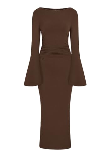 PRETTYGARDEN Maxi Dresses for Women 2025 Elegant Classy Fall Long Bell Sleeve Ruched Bodycon Fitted Cocktail Party Slit Dress (Brown,Medium)