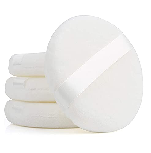 Juliyeh 4 Pcs 4.13 inch Powder Puff for Body Powder Loose Powder, Baby Puff，Talcum Powder Puff，Ultra Soft Large Round Velour Smooth Apply Puff with Ribbon Band Handle，Washable Powder Puff （White）
