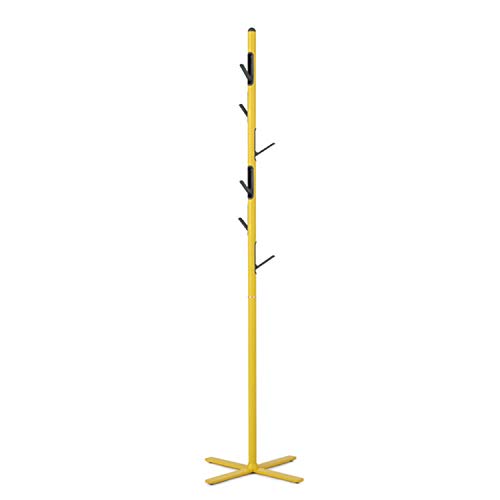 Lehom Modern Metal Coat Rack Free Standing with 6 Hooks 68\'\' Coat Tree in Corner Hat Hanger Flapper Coat Rack Stand for Clothes Handbags Umbrella Yellow