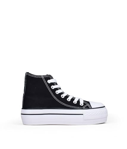 BOSANOVA Zapatillas Abotinadas confeccionadas en Material de Canvas con Detalle de Finas lineas a Contraste en la Suela. Cierre con Cordones. Calzado para Mujer Negro 38