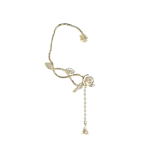 Fashionable Tassels Ear Cuff Camellia Flower Clip Earring with Sparkling Zircon