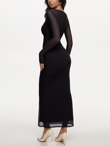 REORIA Fall Maxi Dresses for Women Sheer Mesh Long Sleeve Square Neck Ruched Bodycon Long Dress Cocktail Party Club Outfits3