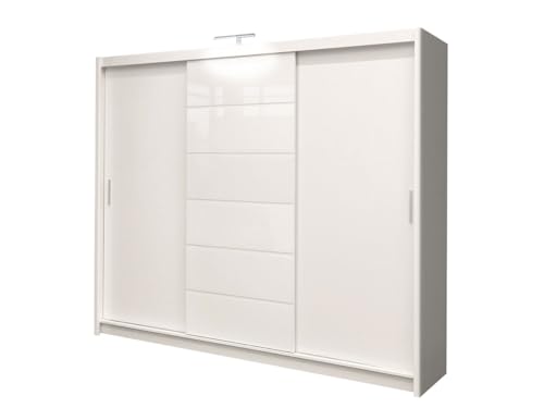 Kleiderschrank mit LED-Beleuchtung Malibu, Modernes Schwebetürenschrank, 250 x 215 x 61 cm, Schiebetür, Schlafzimmerschrank, Schlafzimmer (250 cm, Weiß/Weiß Glas) Kleiderschrank mit LED-Beleuchtung Malibu, Modernes Schwebetürenschrank, 250 x 215 x 61 cm, Schiebetür, Schlafzimmerschrank, Schlafzimmer (250 cm, Weiß/Weiß Glas)