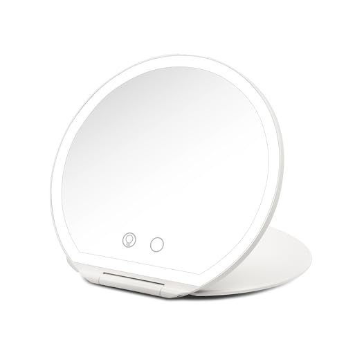 Girmi BE03 Specchio tondo per trucco, Pieghevole Ultraslim, Portatile con Luce Led 3 Colori, Tasto touchscreen, Batteria Litio, Ricarica USB