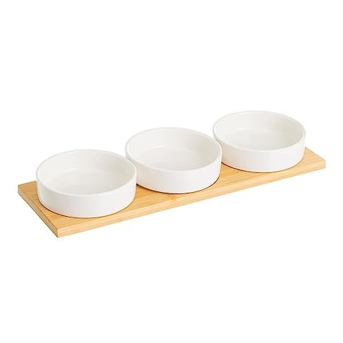 Juego de 3 platos de aperitivo blancos de porcelana con bandeja de bambú natural de 33x10 cm