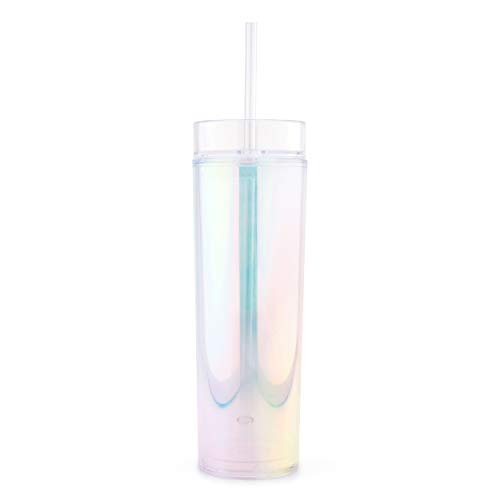 WEDDINGSTAR Reusable Water Bottle 16 Ounce – Customizable Eco-Friendly Plastic – 100% BPA-Free Personalized Transparent Party Cup with Straw (Iridescent, Blank)