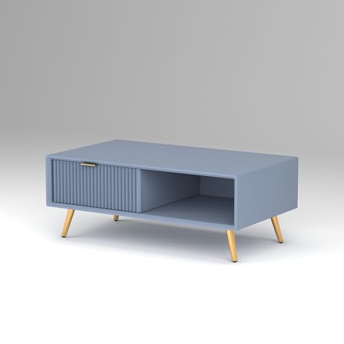 Image of ONIJA Modern Coffee Table for Living Room | HDMR Premium Wood Center Table with Storage Shelf | Matte Finish Coffee Table | Wooden Tea Table with Sturdy Legs (Slate Blue)
