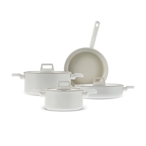 Karaca Swiss Crystal Valenti Ceramica 7-Piece Induction Cookware Set, Stockpot & Lid, Shallow Casserole & Lid, Frying Pan, White