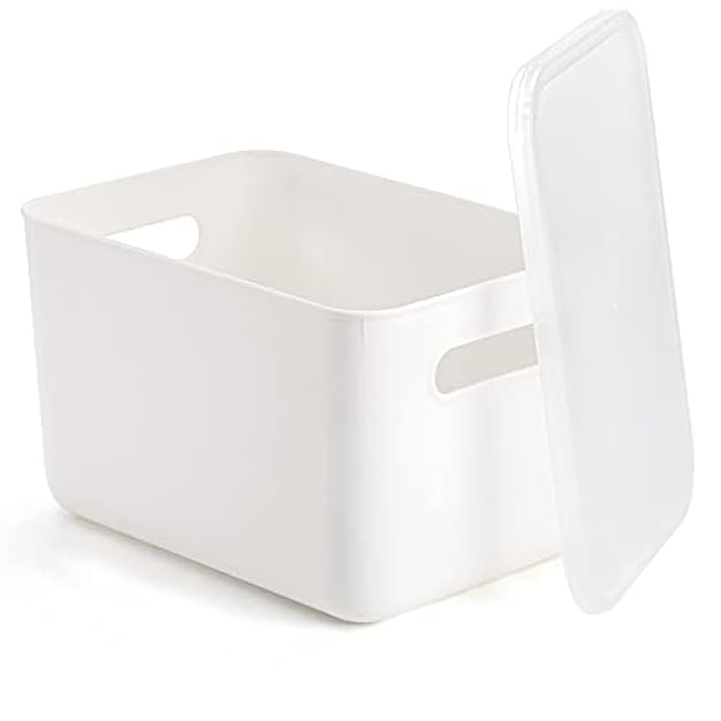 Lawei 4 Pack Plastic Storage Bins with Lid, White Stackable Storage Basket Organizer Box, Sturdy Containers Organizing Lidded Bins for Shelves, Cabinet, Desk, Pantry, Bedroom, Book, Toys