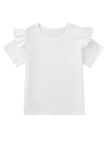 Image of Girls Flutter Sleeve Tops Short Sleeve Summer T Shirts with Ruffle Trim Pocket White Blouse White 13-14 Years
