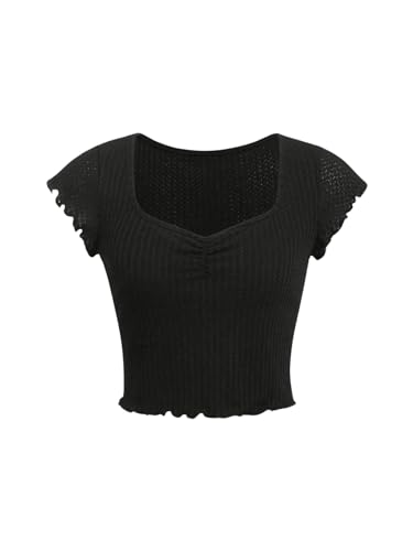 SOLY HUX Girl's Crop Tops Waffle Knitted Fitted Tees Cute Ruched Sweetheart Neck Cap Sleeve Summer T Shirts