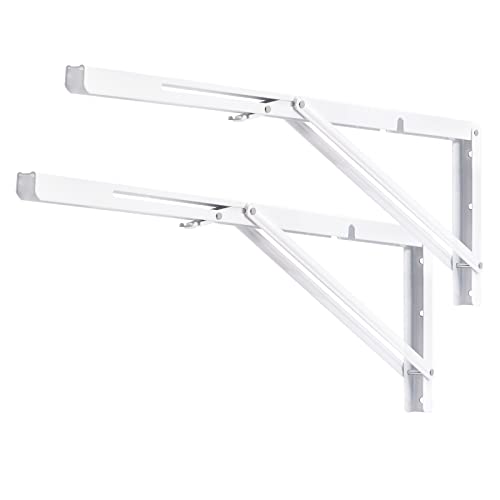 Image of YUMORE Folding Shelf Brackets, 24 Inch Heavy Duty L Bracket, White, 2 Pack | High-Quality Metal, Easy to Install, DIY Collapsible Shelf Bracket for Workbench Folding Table Hinge, Max Load: 330lb