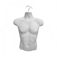 Male Half Body Form Mannequin –Durable Plastic Display with Hollow Back & Hanging Hook–Lightweight, Easy to Clean –Ideal for Clothing, Tops, Jewelry & Retail Garment Presentation (White, Half Body)