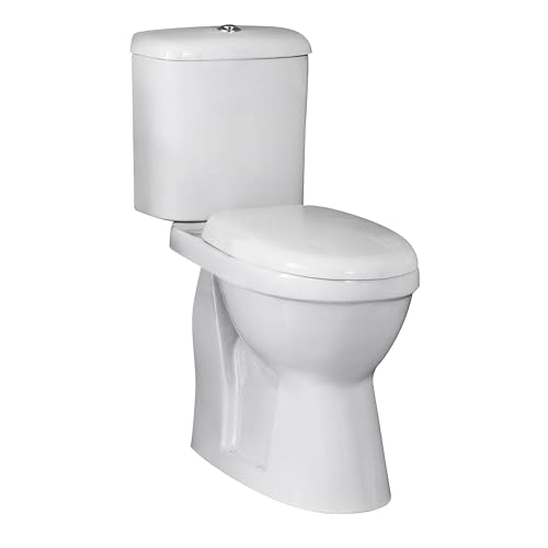 Balterley Close Coupled Toilet with Cistern & Soft Close Seat, Bathroom Toilet Cistern with Comfort Height Round Pan & Push Flush Button, WC Toilets for Bathrooms - 380mm x 650mm x 860mm (White)