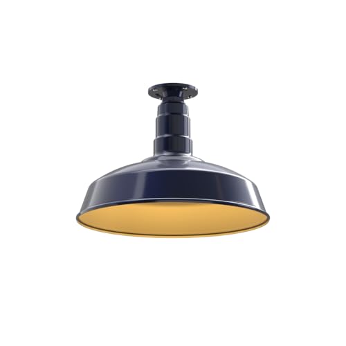 Image of Steel Lighting Co. Carson Barn Light | Ceiling Mounted Pendant | 16 inch Dome | Flush Mount | Industrial Style Steel Light Made in America | Navy Blue Exterior /Brass Interior