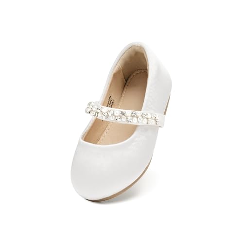 THEE BRON Flower Girl Shoes for Weddings Pearl Ballet Flats with Adjustable Bows & Soft Sole
