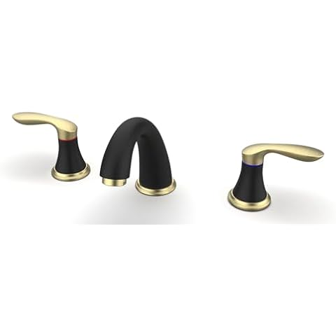 Bathroom Sink Faucet, Faucet for Bathroom Sink, Widespread Black and Gold Bathroom Faucet 3 Hole with Stainless Steel Pop Up Drain and cUPC Lead-Free Hose - (Black and Gold) Cover