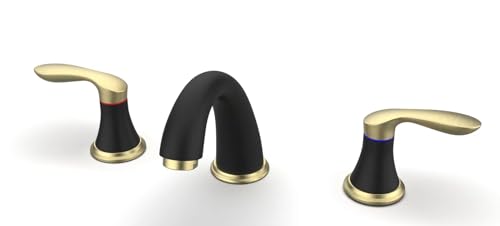 Bathroom Sink Faucet, Faucet for Bathroom Sink, Widespread Black and Gold Bathroom Faucet 3 Hole with Stainless Steel Pop Up Drain and cUPC Lead-Free Hose - (Black and Gold)