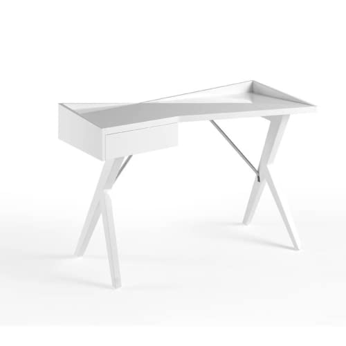 Angel CERDÁ | Escritorio de Oficina de Madera lacada Blanco Brillo, con Cajón Lateral Sistema Cierre retardado, Estilo Moderno Cover