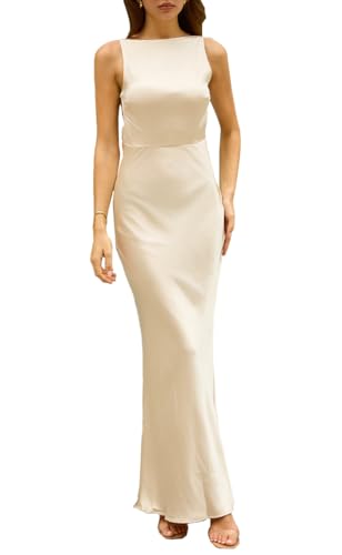 Image of Summer Satin Maxi Dresses for Women 2026 Elegant Classy Silk Formal Sleeveless Open Back Spaghetti Strap Wedding Guest Dress