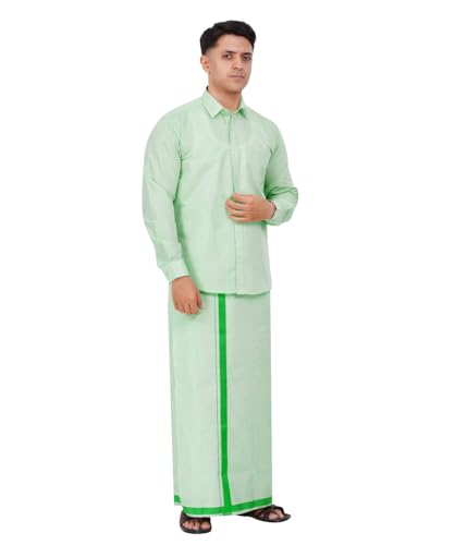 Image of Men's Traditional Indian Shirt and Dhoti Set, Full Sleeves Tissue Silk Cotton Shirt With Dhoti 2 metres for men