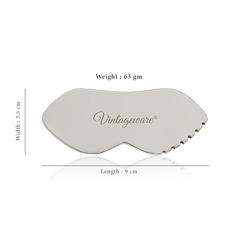 Vintageware® Stainless Steel Lip-Shaped Gua Sha with Comb Teeth | Face & Neck Scraping Tool for Puffiness, Wrinkles & Glow | With Travel Pouch