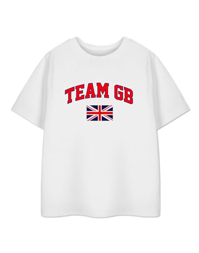 Image of Unisex Kids White T-Shirt | Great Britain Flag Graphic Design Tee for Boys & Girls | Sports Fan Summer Olympics Merchandise