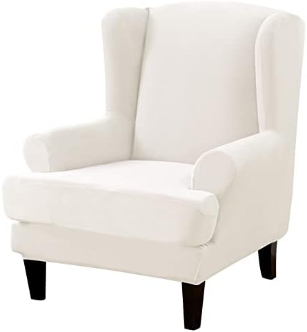 Wingback Chair Cover 2 Piece Set - 2 IN 1 Design Removable High Stretch Soft Velvet Wing Back Chair Covers Armchair Slipcover Protector for Living Room Bedroom Hotel (Silver Grey, Velvet)